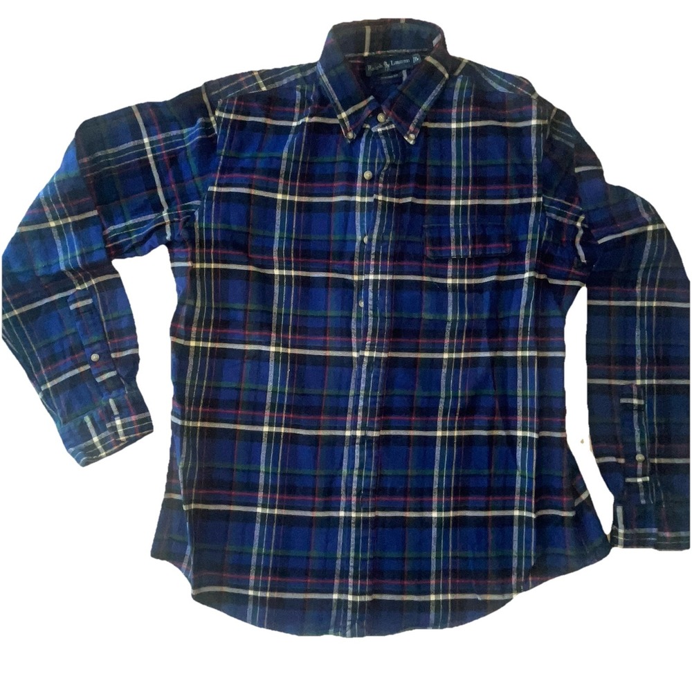 VTG Polo Ralph Lauren Plaid TARTAN BLUE Green Flannel Shirt Mens READ* 4Size